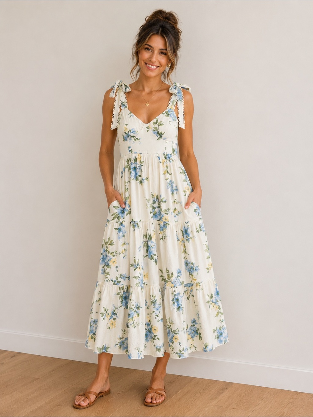 Blu Pepper Cream Maxi Dress with Blue, Green & Yellow Floral Print